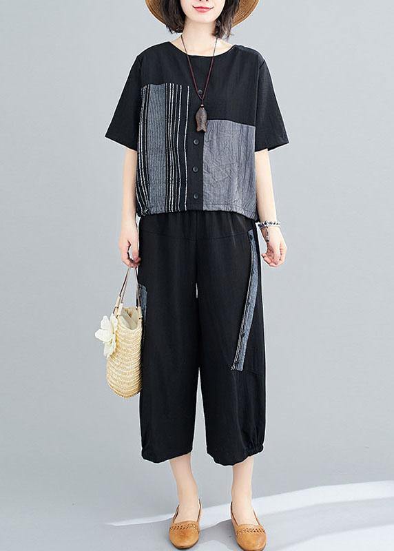 Unique Black Asymmetrical Design Linen Button Summer Two Pieces Set