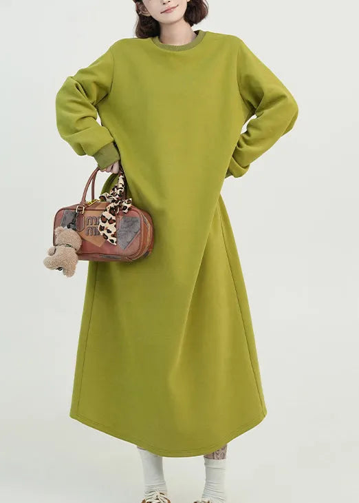 Green O Neck Long Cotton Straight Dress Fall