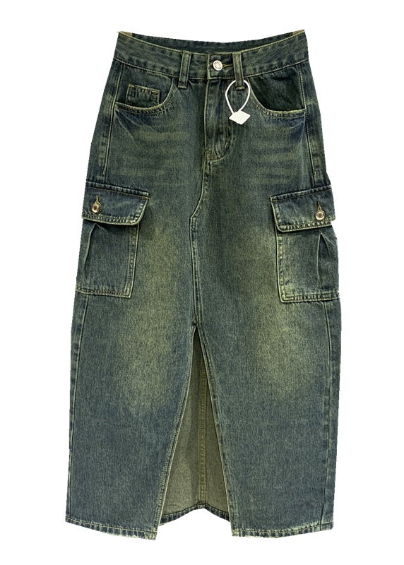 Style Blue Front Open Pockets Patchwork Denim Skirts Spring