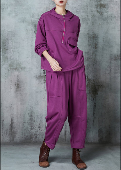 Diy Purple Hooded Drawstring Cotton Pullover Sweatshirt Two Piece Set Spring
