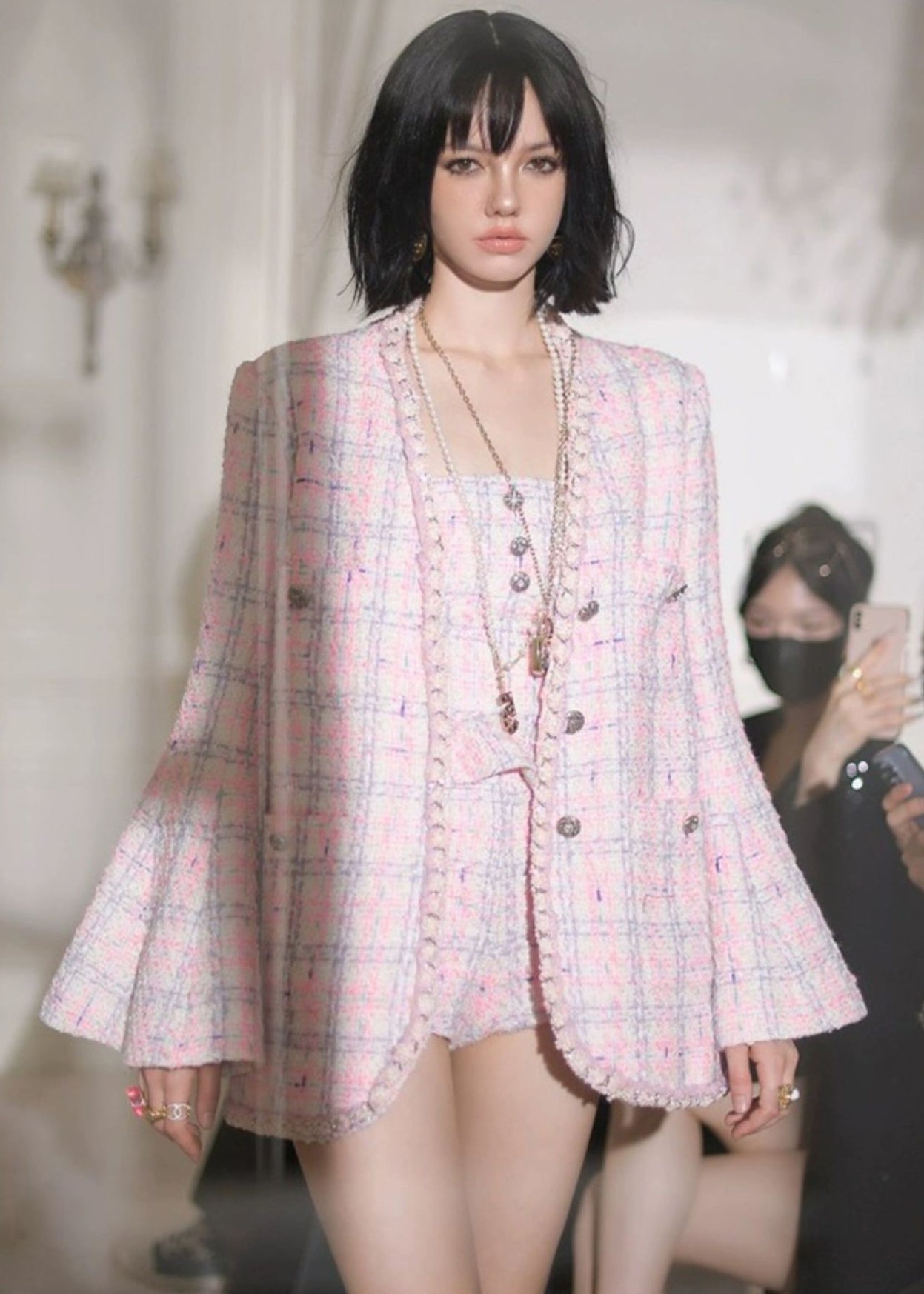 French Pink Ruffled Button Cotton Three-piece Set Flare Sleeve