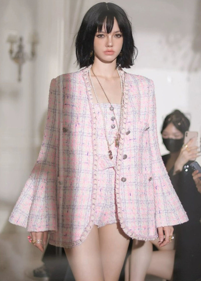 French Pink Ruffled Button Cotton Three-piece Set Flare Sleeve