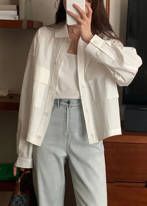 New White Peter Pan Collar Pockets Cotton Coat Fall