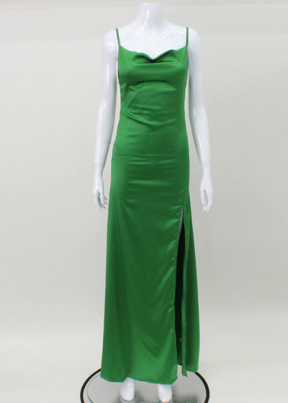Green Slash Neck Silk Long Spaghetti Strap Dress Sleeveless