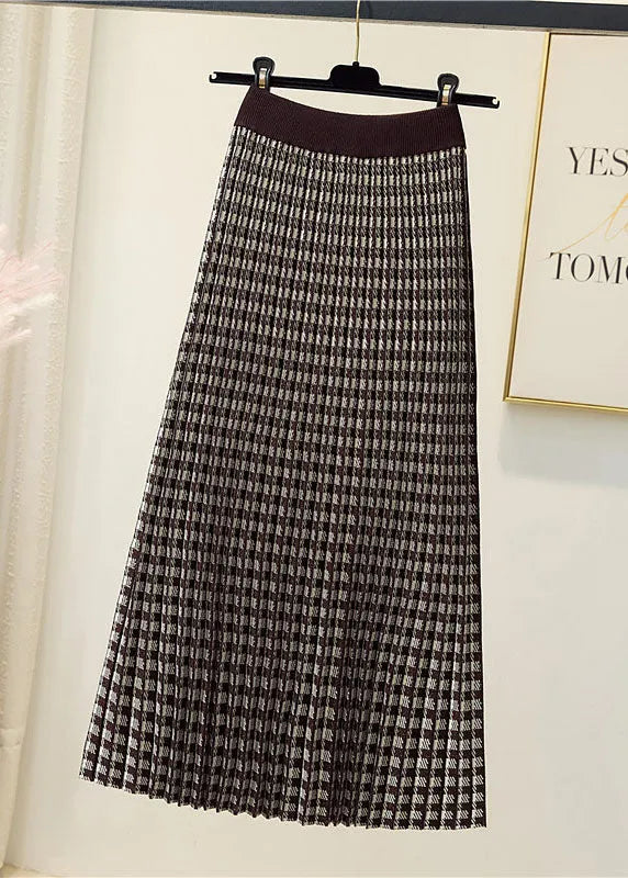 Natural Black Plaid Knit Pleated Skirt Spring