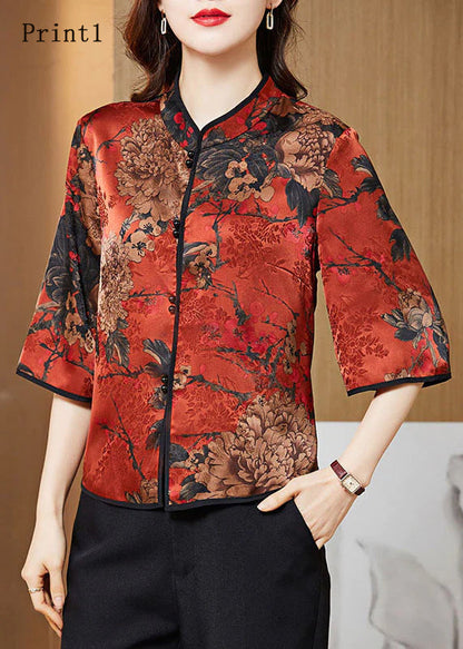 White Text Mandarin Collar Print Silk Shirt Tops Half Sleeve