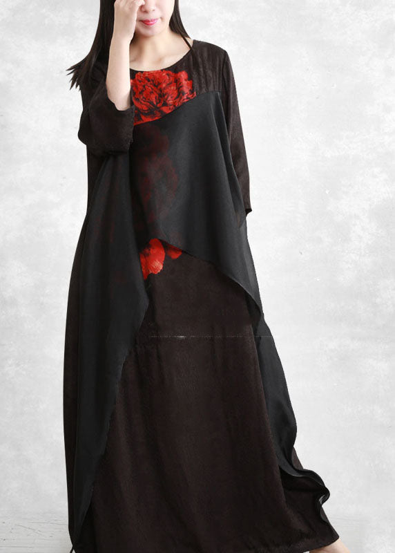 Black O-neck Asymmetrical Print Long Dresses Three Quarter Sleeve