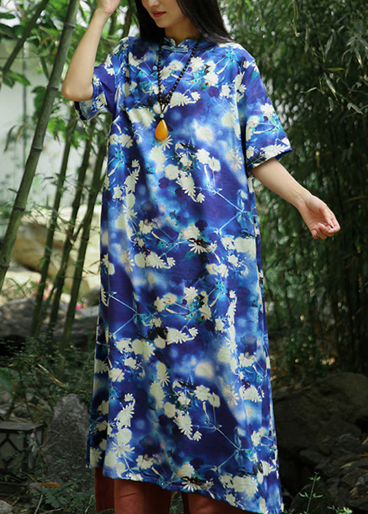 Blue Print Pockets Linen Long Dresses Short Sleeve