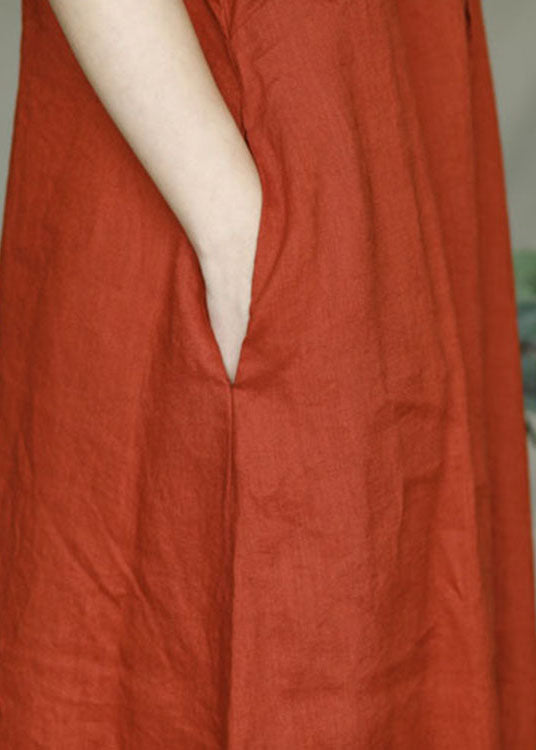Fitted Orange O-neck Drawstring Linen Dresses Short Sleeve