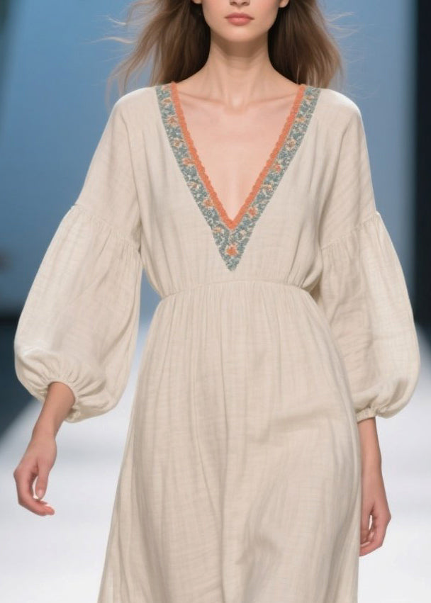 White V Neck Patchwork Linen Ankle Dress Bracelet Sleeve