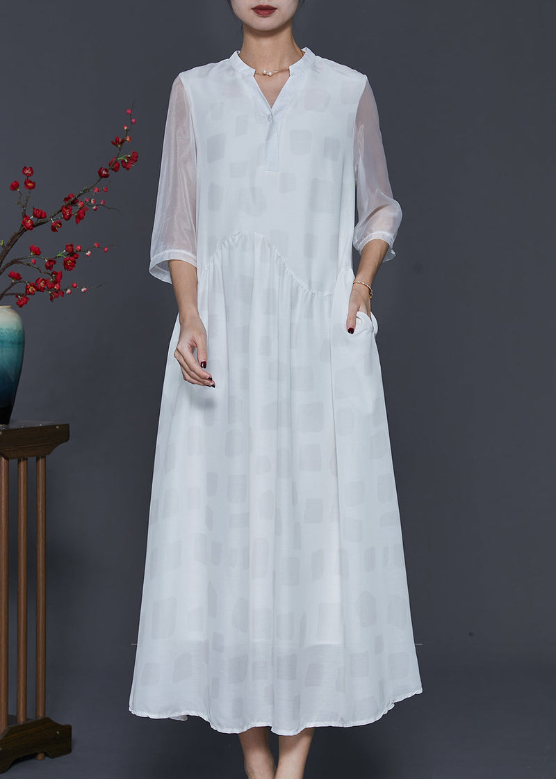 White V Neck Draping Silk Long Dresses Half Sleeve