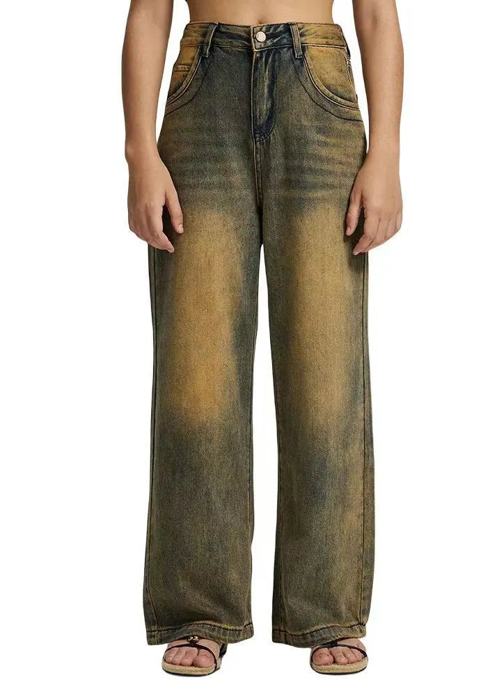 Patchwork High Waist Straight Denim Pants Fall
