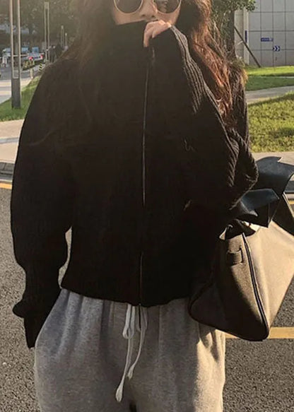 Black Stand Collar Zippered Cozy Fall Knit Coat
