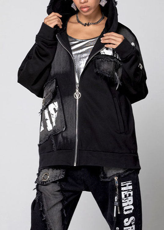 Black Zip Up Pockets Denim Coat Spring
