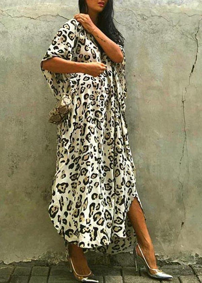 Art Leopard Tie Waist Cotton Dress Summer Beach Gown