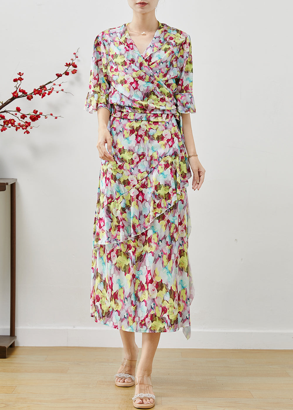 Silm Fit Flower Print Chiffon Two Piece Set Clothing Summer