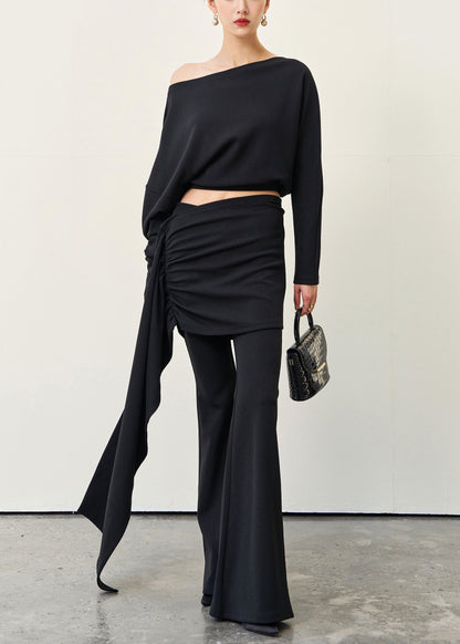 New Black Cold Shoulder T Shirt and Flared Trousers Cotton Two Pieces Set Batwing Sleeve
