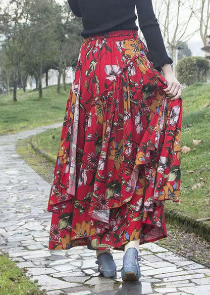Classy Red Ruffled Patchwork Tie Waist a Line Skirt