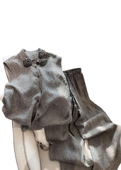 New Plaid Button Cotton Two Pieces Set Sleeveless