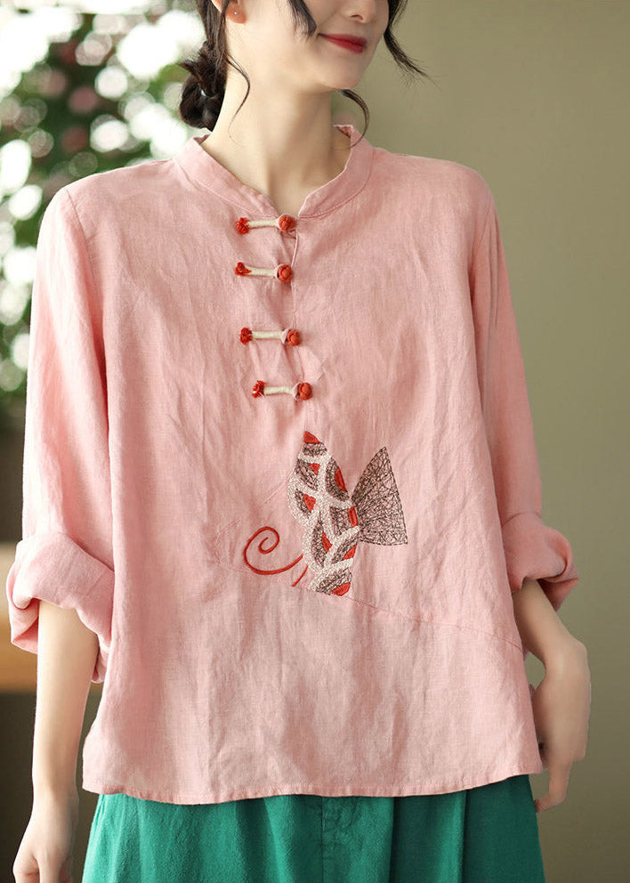 Pink O-neck Embroideried Linen Top Long Sleeve