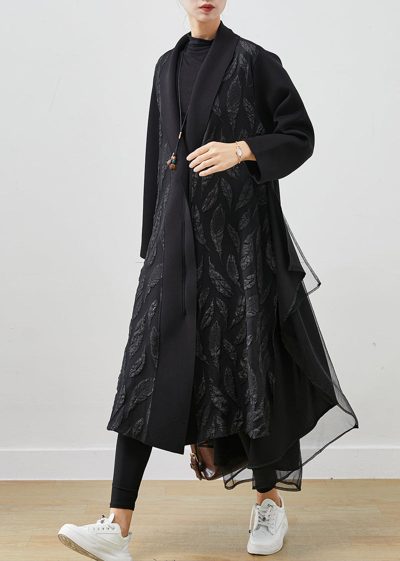 Black Oversized Patchwork Jacquard Cotton Trench Coats Spring