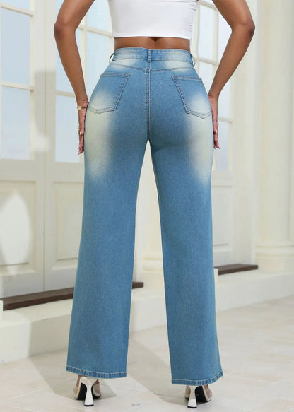 Stylish Blue Hole High Waist Denim Wide Leg Pants Summer