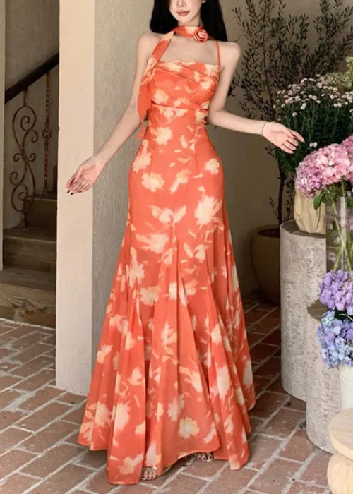 Novelty Orange Print Lace Up Chiffon Long Dresses Sleeveless