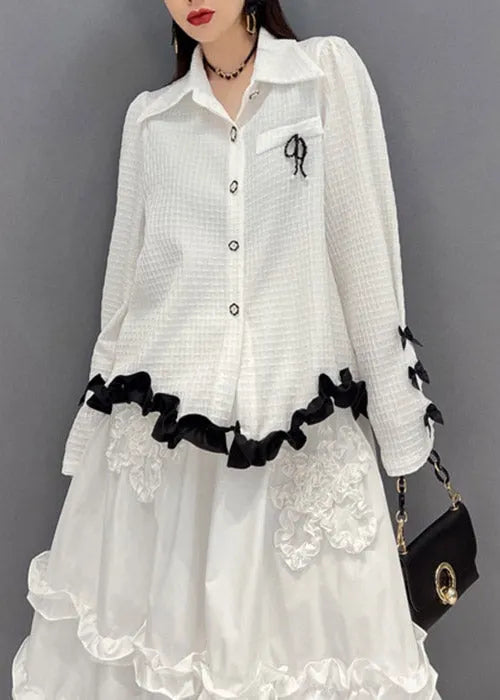 White Embroideried Ruffled Tulle Patchwork Chiffon Dress Two Pieces Set Spring