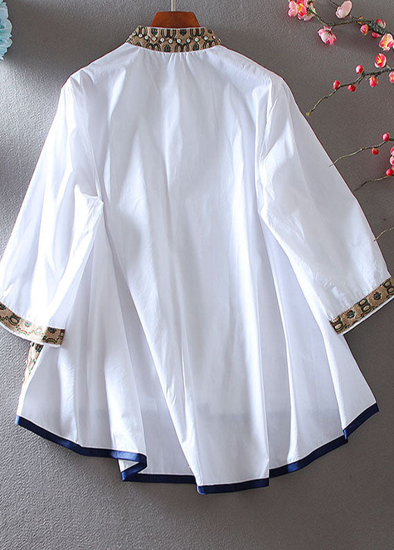 White Embroidered Patchwork Zircon a Line Blouse Top Spring