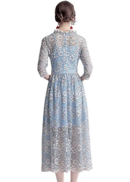 French Blue O-neck Hollow Out Lace Cinch Dresses Half Sleeve