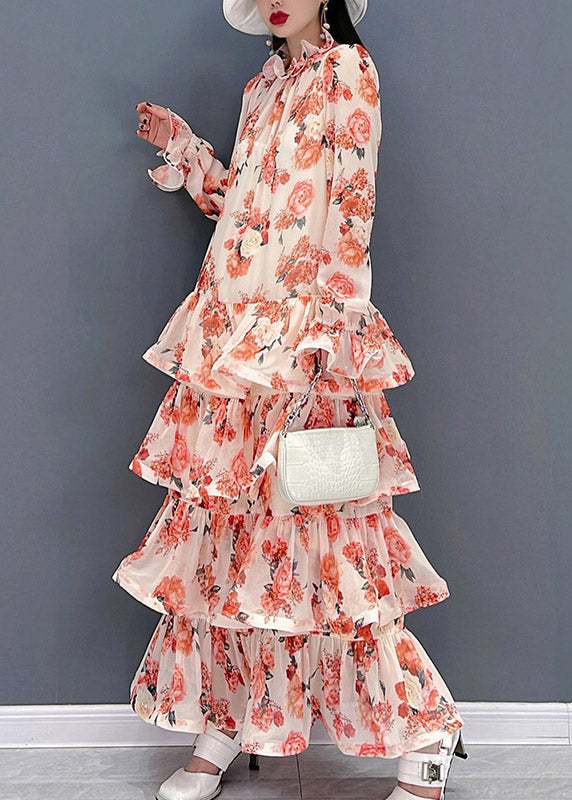 Pink Ruffled Print Layered Chiffon Long Dresses Long Sleeve
