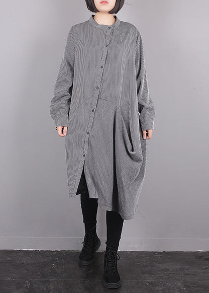 Grey O-neck Asymmetrical Striped Button Maxi Dress Fall