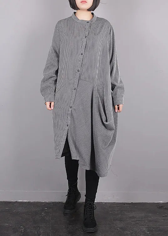 Grey O-neck Asymmetrical Striped Button Maxi Dress Fall