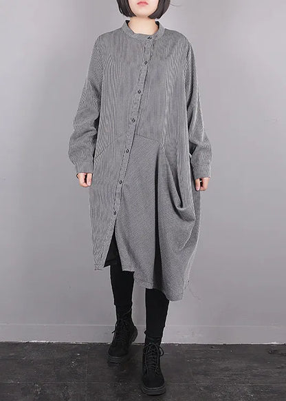 Grey O-neck Asymmetrical Striped Button Maxi Dress Fall
