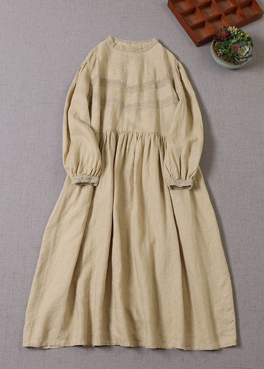 Handmade Yellow Puff Sleeve Patchwork Linen Dresses Spring