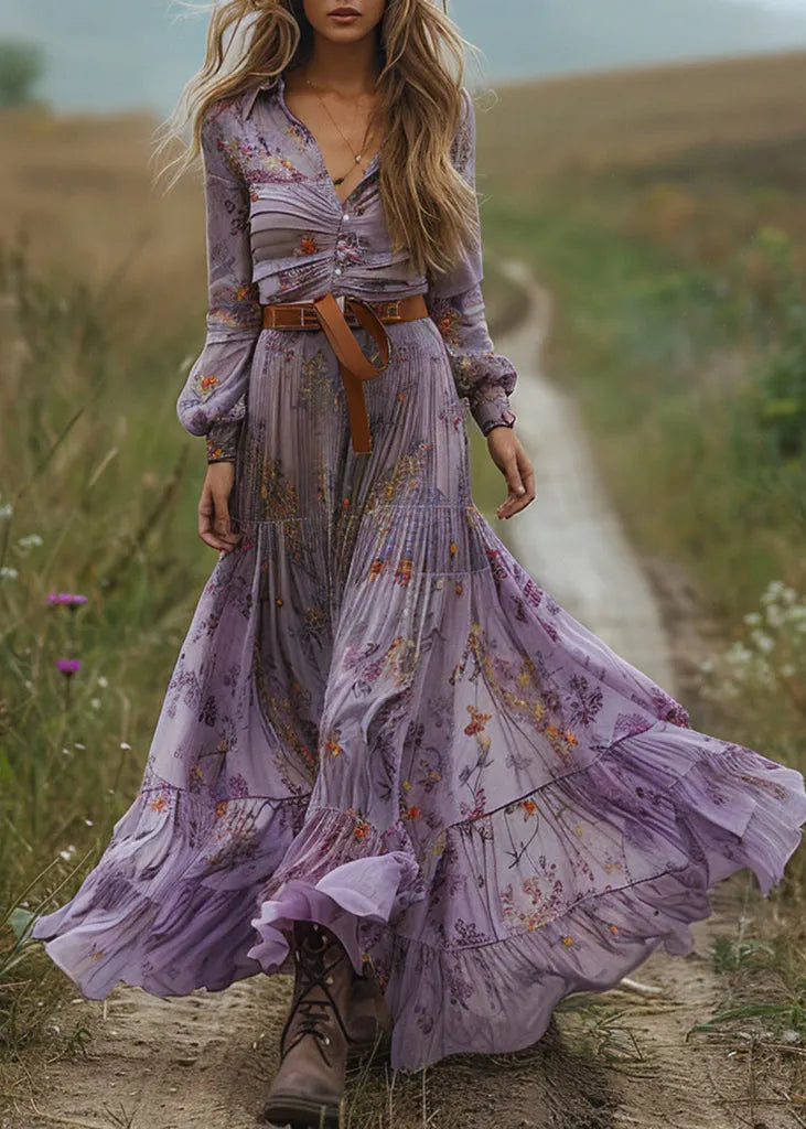 Pastoral Purple V Neck Print Dresses Long Sleeve