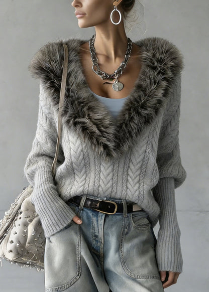 Art Grey Fur Collar Patchwork Cable Knit Sweater Batwing Sleeve