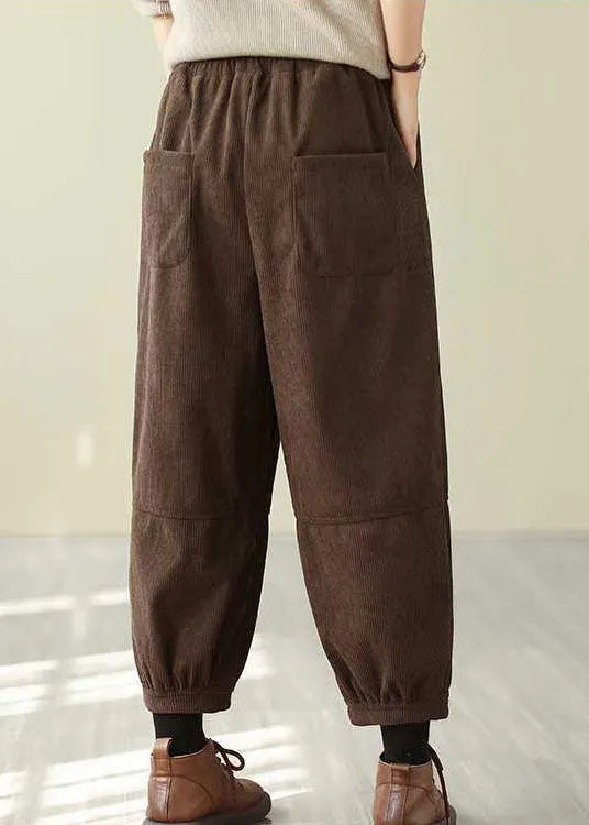 Red Pockets Elastic Waist Corduroy Warm Fleece Pants Spring