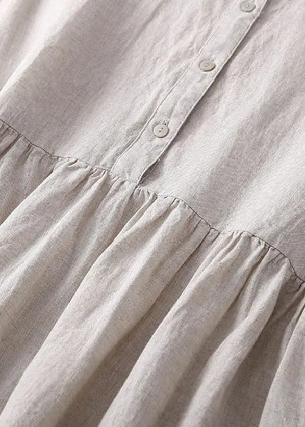 Linen Colour Linen Dresses Wrinkled Button Short Sleeve