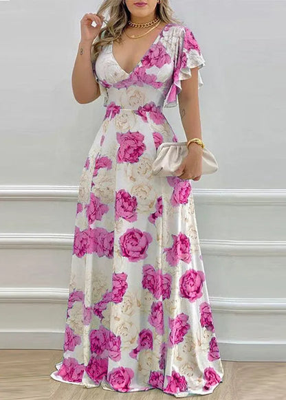 Blue V Neck Print Cotton Maxi Dresses Petal Sleeve