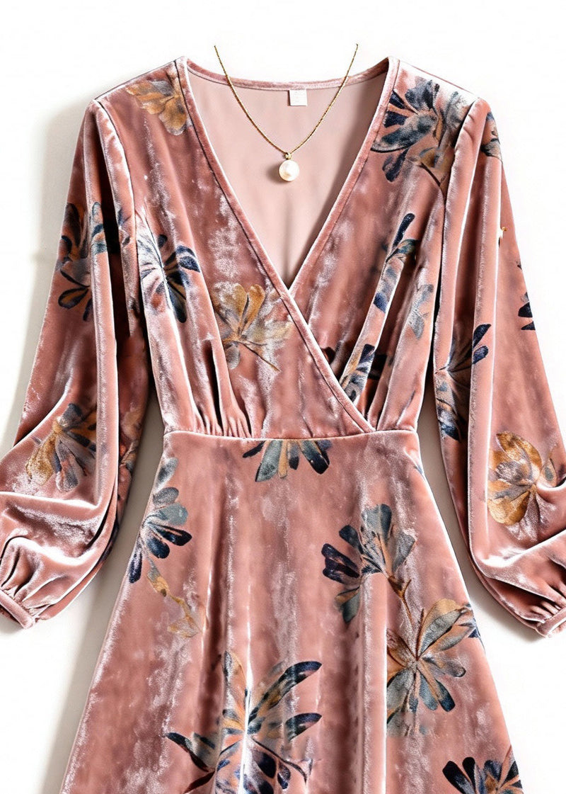 Pink V Neck Print Silk Velvet Dresses Spring