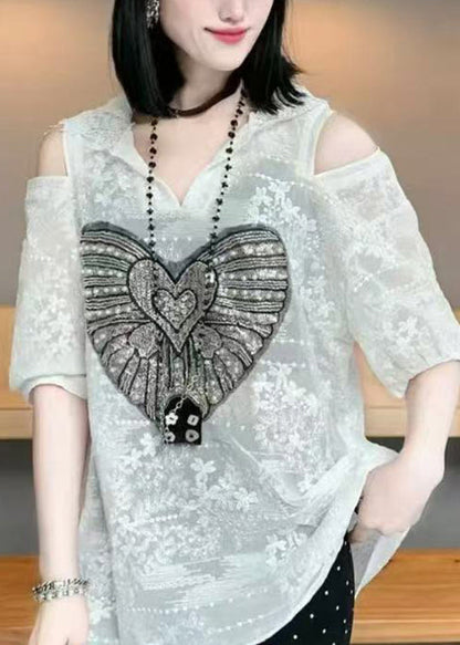 White Cold Shoulder Jacquard Cotton Hoodie Tops Summer