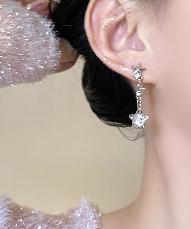 Diy Silk Stainless Steel Zircon Star Drop Earrings