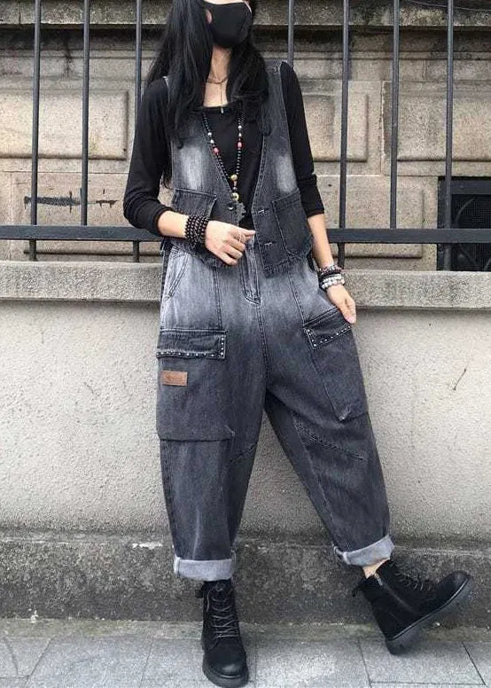 Gradient Color Black V Neck Patchwork Waistcoat and Harem Pants Two Pieces Set Spring