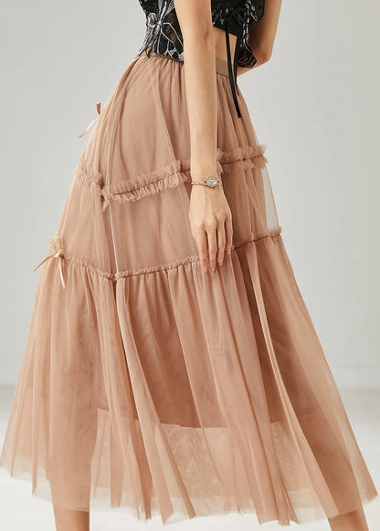 Khaki Bow Ruffled Tulle Skirts Summer