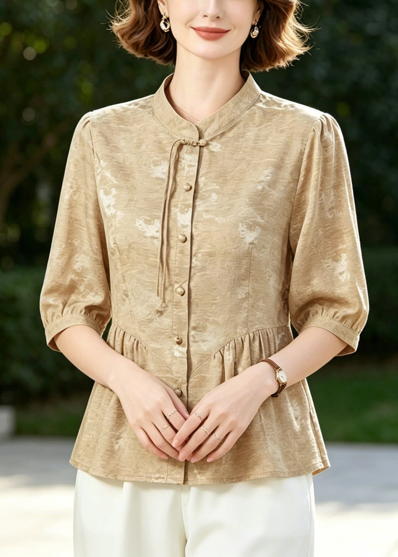 Khaki Tasseled Wrinkled Silk Blouse Tops Half Sleeve