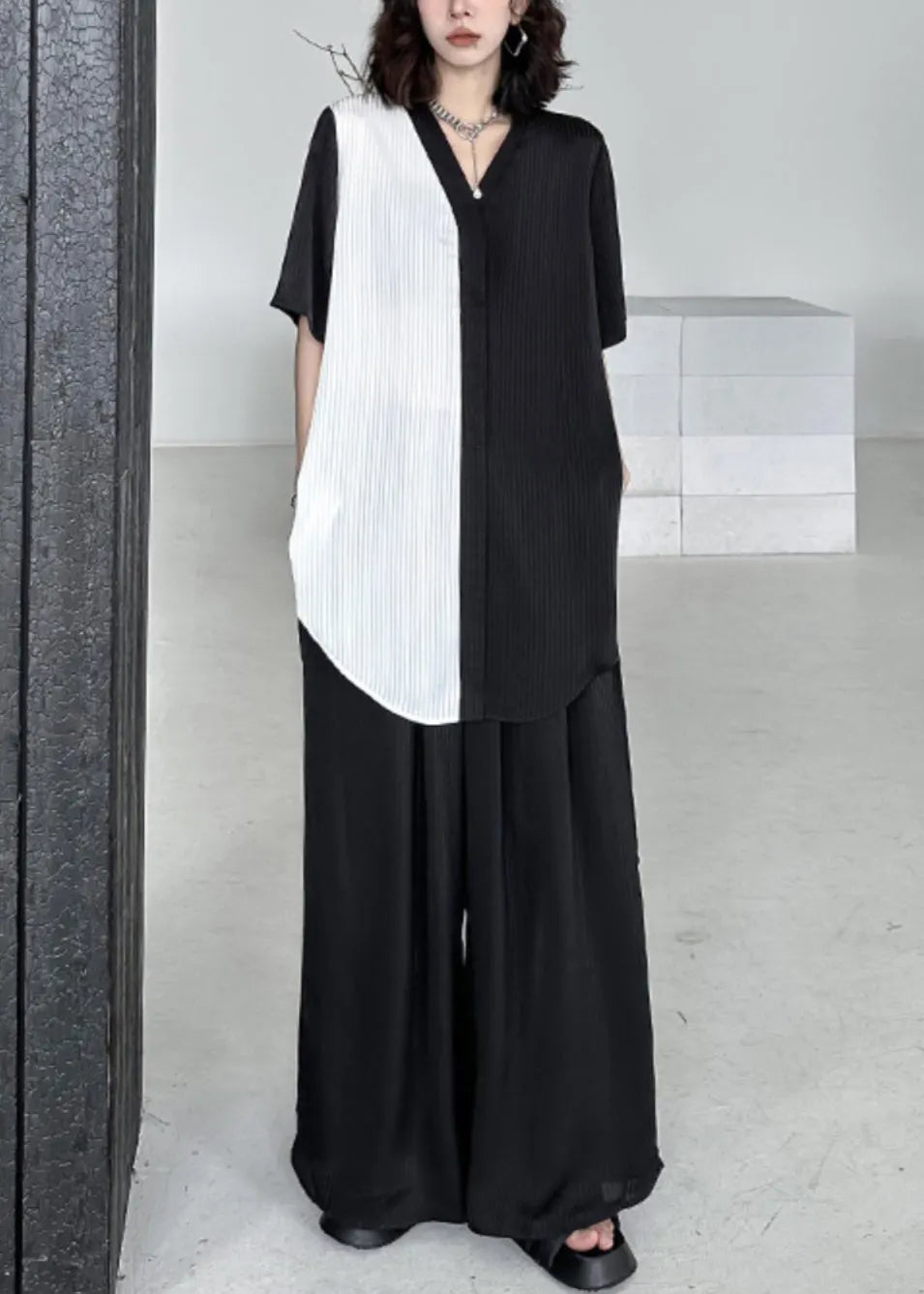 Black V Neck Asymmetrical Patchwork Cotton Two-piece Set Summer