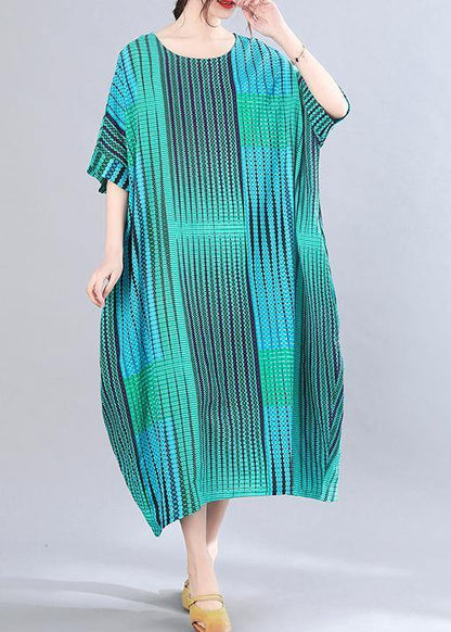 Blue Striped O-neck Short Sleeve Holiday Summer Cotton Dress