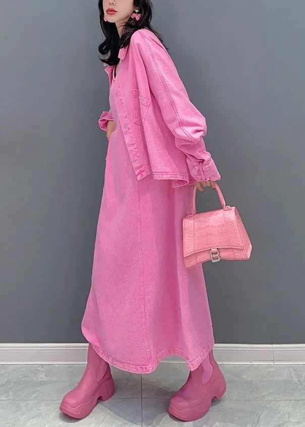 Pink Coats and Dress Denim Two Pieces Set Spring