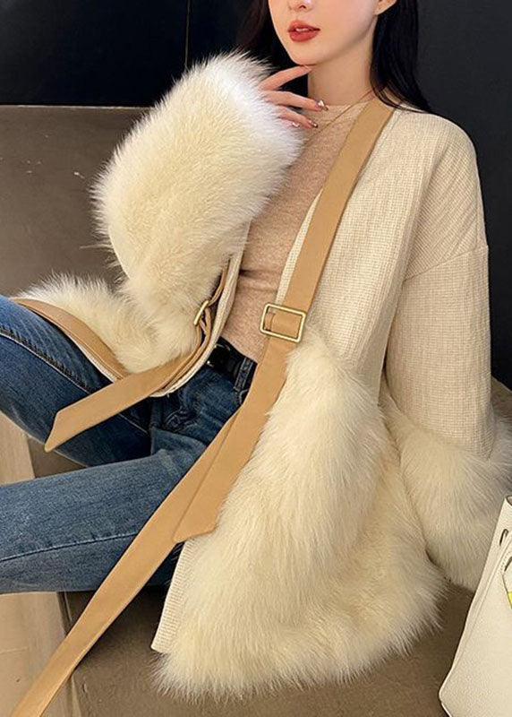 Classy Khaki V Neck Fuzzy Fur Fluffy Patchwork Leather and Fur Coat Long Sleeve
